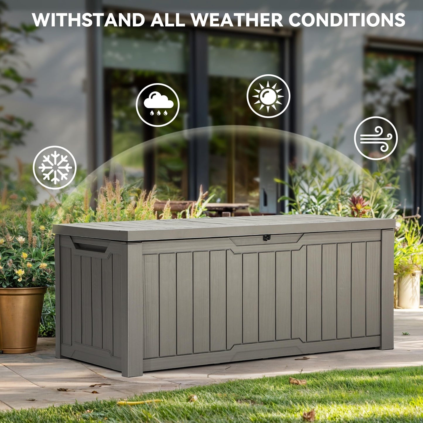 YITAHOME Outdoor Storage Box, 120 Gallon Waterproof Deck Box for Garden Tools, Patio Cushions, and Pool Accessories, Lockable, Easy Assembly, Versatile Bench or Table (Light Brown)