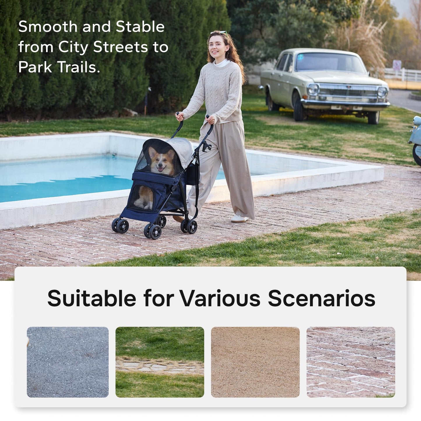 TerraPede Lightweight 10 lbs Foldable Pet Stroller for Small Dogs & Cats, Easy-Fold Compact, with Adjustable Sun Canopy, Cup Holder, Breathable Mesh, Pad & Storage Bag, Holds 33 lbs, Blue Gray