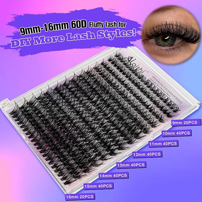 Lash Clusters, DIY Cluster Eyelash Extensions 9‑16mm, 60D, 280pcs D Curl Natural Volume Lashes–Fake Cat Eye Wispy Individual Clusters