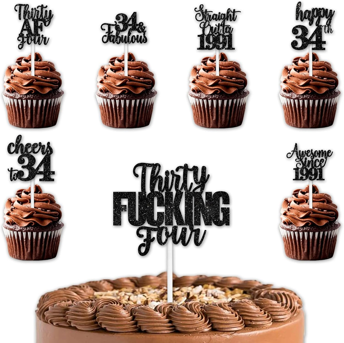 Black Glitter 1pcs Cake Topper 12pcs Cupcake Topper Funny Straight Outta 1991 Theme Party Decorations Men Women Happy 34th Birthday Party Decor Supplies