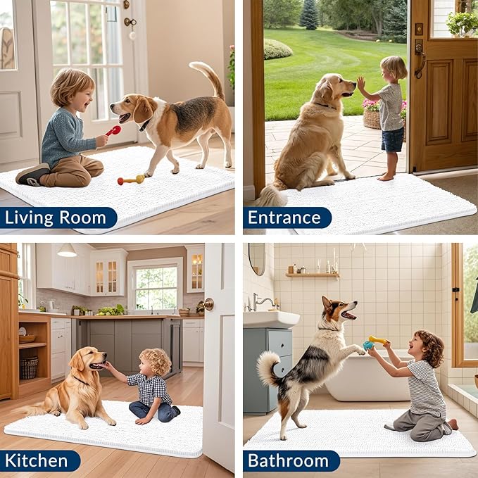 Smiry Dog Door Mat for Muddy Paws 30x20, Absorbs Moisture and Dirt Doormat, Non-Slip Washable Quick Dry Chenille Front Door Mat Indoor Entrance, Entryway Carpet for Inside Floor, White