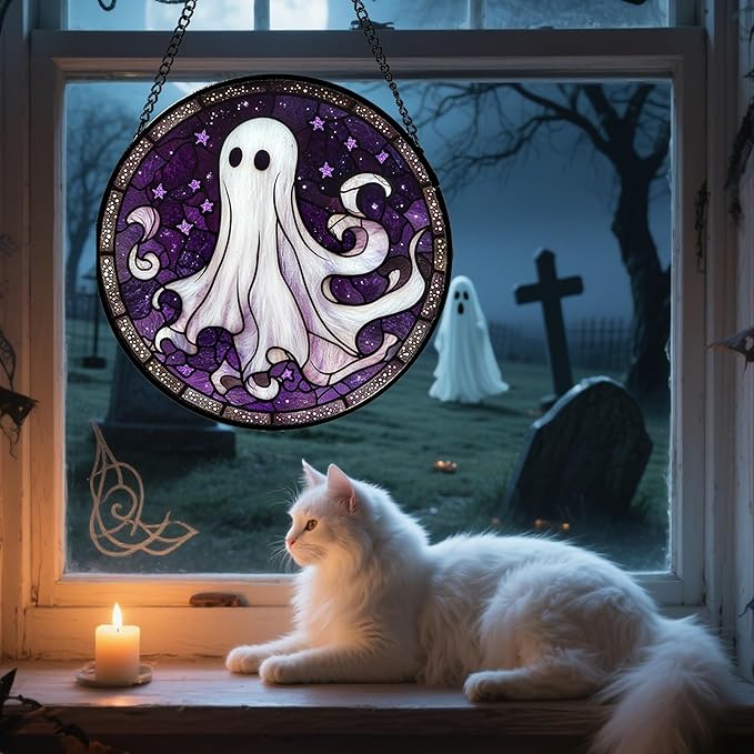 DASTOLL Stained Glass Window Hanging - Halloween Decorations White Ghost Purple Stars Suncatcher for Doors Garden Spooky Funny Sun Catchers Gothic Decor Horror Gifts for Women Men Friend 11.8 in