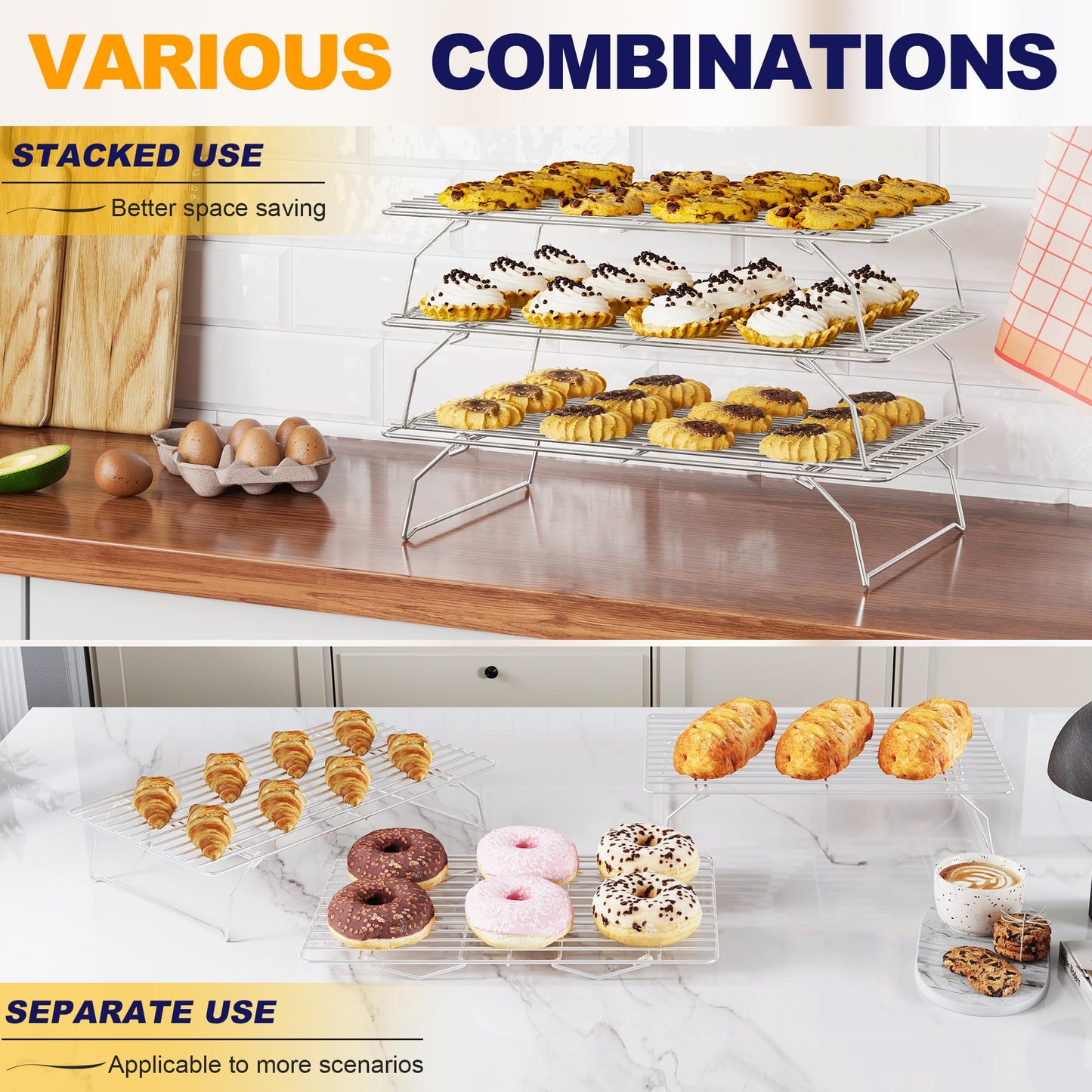 3 Tier Stackable Cooling Rack for Batch Cooling Cookie, Pizza, Cake-15.8”x 10”- Heavy Duty Cooling Racks for Cooking and Baking, Oven and Dishwasher Safe Baking Supplies-Silver