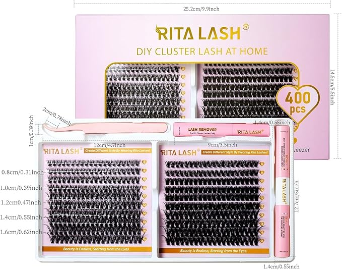 RITALASH Lash Extension Kit DIY Lash Clusters Kit 400pcs Cluster Lashes Individual Lashes Eyelash Extension Kit with Lash Bond and Seal,Lash Remover,Lash Tweezers(40D+60D Cluster Kit,8-16mm)