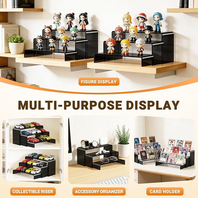 Funfery Acrylic Display Risers, 2 Set(7.8"L~8.2"L~8.6"L) Display Shelf for Figure, Collectibles, Cupcake, Black Acrylic Stands for Dessert, Jewelry, Candy Showcase, 3 Tier Action Figure Stand Holder