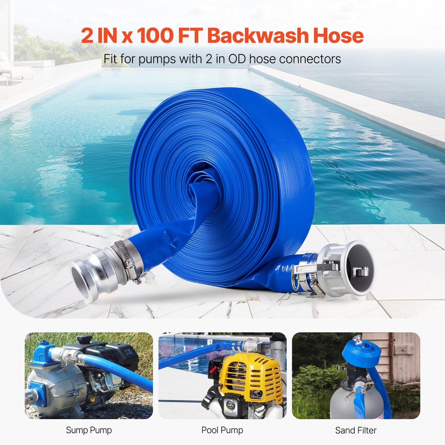 VEVOR Backwash Hose, 2 in x 100 ft, Blue PVC Hose, with Clamps, Camlock, Aluminum Fittings, Fit Various Pumps, for Sewage Treatment, Water Transportation and More Agricultural Purposes