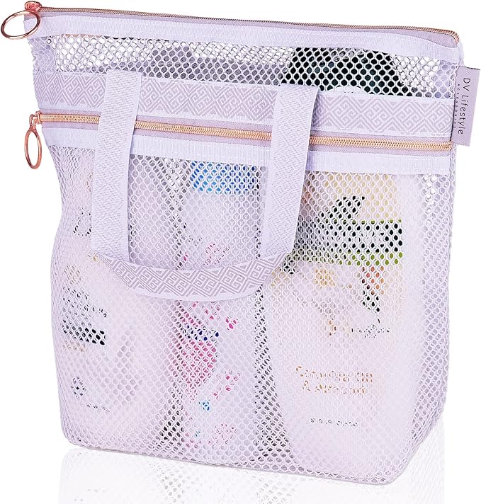DV Lifestyle Mesh Shower Bag 10.2x9.9'' Quick-Dry Caddy with Zipper & 2 Pockets. Portable Toiletry Tote for Bathroom, Gym, Travel, Camp, Beach, for Sunscreen, Dorm & College Essentials (Light Gray)