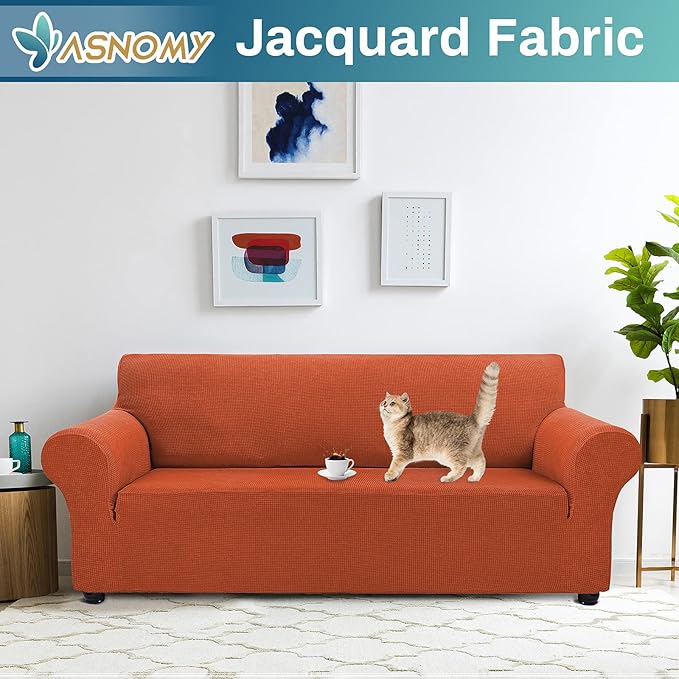 Asnomy Couch Covers for 3 Cushion Couch Stretch Sofa Covers Slipcovers, Pet Protector Furniture Covers for Dogs Cats Spandex Jacquard Fabric Small Checks （Large，Punpkin）