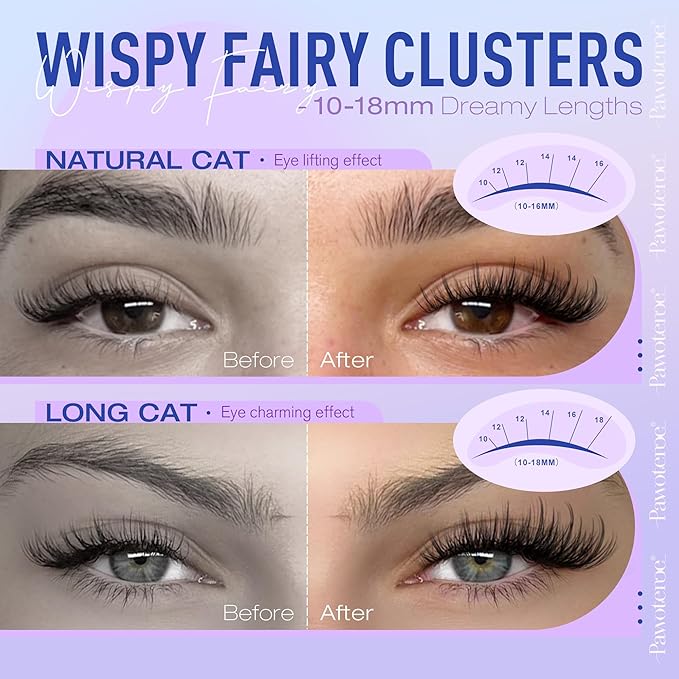 Pawotence Wispy Lash Clusters Natural Eyelash Clusters 10-18mm Fairy Lashes Cluster Eyelash Extensions 144pcs Anime Individual Cluster Lashes Wispy for DIY Lash Extension