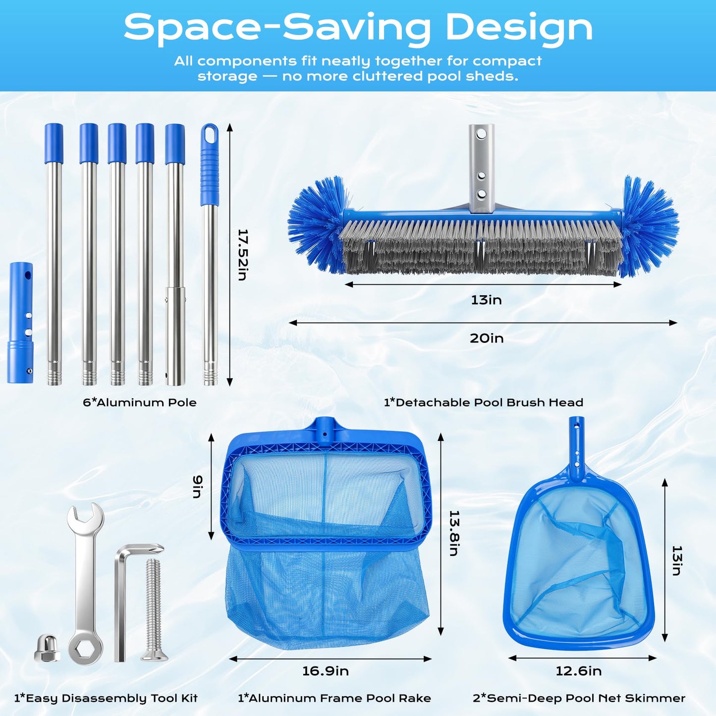 Pool Cleaning Kit with Telescopic Pole, Pool Net with Pole & Dual Skimmers – Premium Pool Accessories for Inground Pools