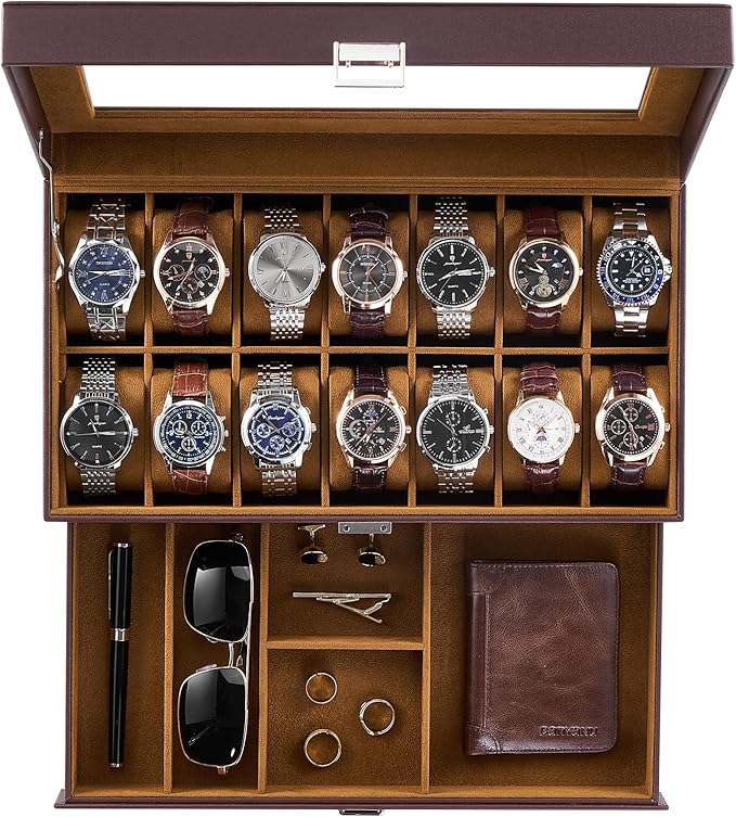 ProCase Watch Box, 14 Slot Mens Watch Case With Drawer, 2-Layer Watch Display Case With Glass Lid, Mens Jewelry Box Storage Holder Organizer, Birthday Valentine Gifts for Men -14Slot, Espresso