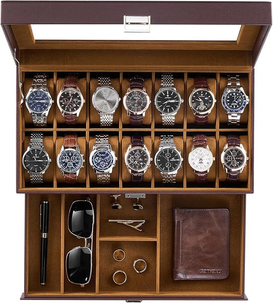ProCase Watch Box, 14 Slot Mens Watch Case With Drawer, 2-Layer Watch Display Case With Glass Lid, Mens Jewelry Box Storage Holder Organizer, Birthday Valentine Gifts for Men -14Slot, Espresso