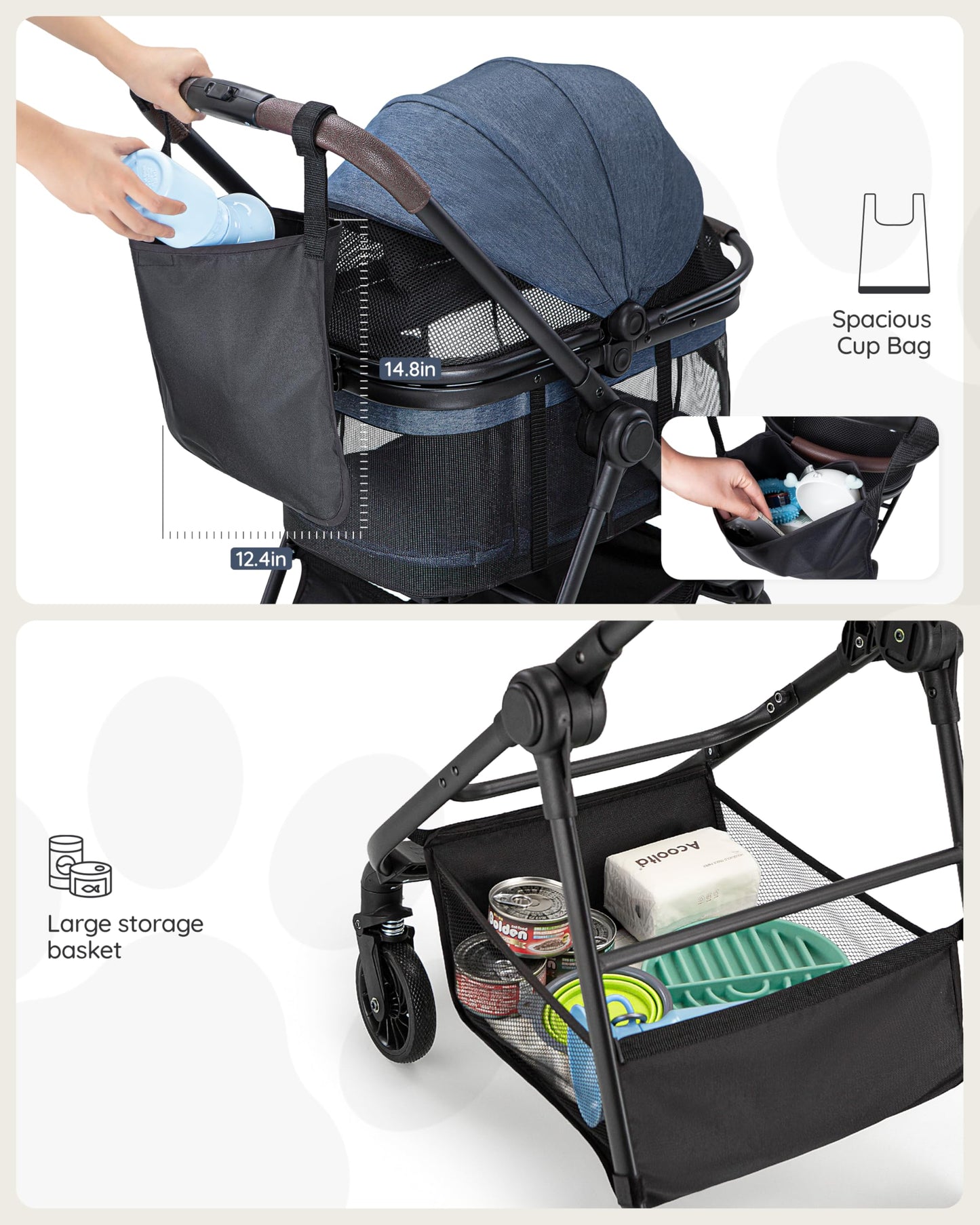 OJCME 3 in 1 Pet Carrier Stroller with Detachable Carrier, Foldable Dog & Cat Stroller for Small/Medium Dogs up to 33 lbs, Large Storage Bag, Full Window Mesh, One-Touch Dual Brake, Car Seat