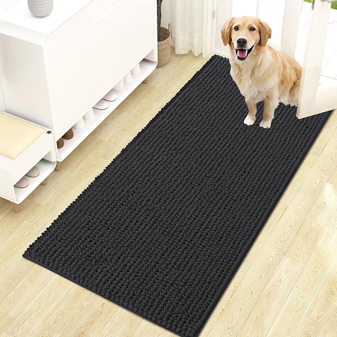 OLANLY Dog Door Mat for Muddy Paws 47x24, Ultra Absorbent Chenille Mud Doormat, Non-Slip Washable and Dirt Trapping Doormat for Indoor Entryway, Quick-Dry Indoor Pet Bed Mats for Dogs, Dark Grey