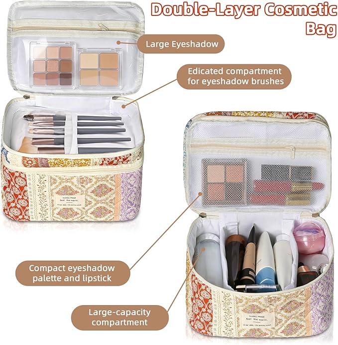 Makeup Bag, Portable Travel Make up Bag, Large Capacity Quilted Cosmetic Organizer Bag, Cute Floral Toiletry Bag for Women Girls (Color Flowers)