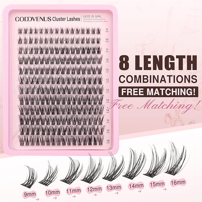 Goddvenus Lash Clusters Wispy Lashes Clusters Like Eyelashes Extension in Salon Natural DIY Cluster Eyelash Extensions for 5-7 days 9-16mm D Curl Fluffy DIY Individual Lashes (192pcs D Curl)