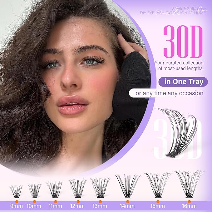 Pawotence Lash Clusters 200pcs Individual Lashes 30D Cluster Eyelash Extensions 11-16mm Eyelash Clusters Lash Extensions for Self Application (30D, 0.07D, 11-16mm Refill)