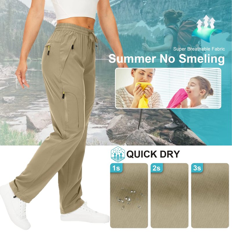 Womens Hiking Pants Sun Protection Quick Dry UPF 50 Lightweight Travel Golf Cargo Safari Pants Zipper Pockets,6608,Khaki,Tall XL