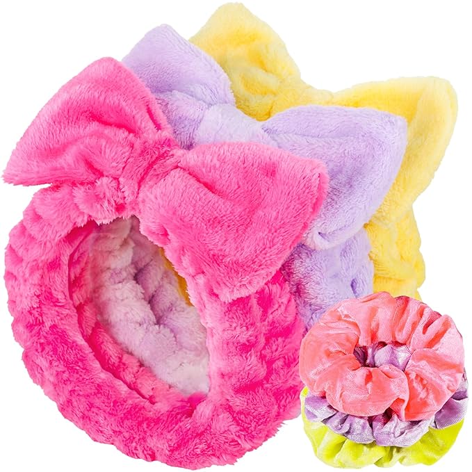 LEOBRO Spa Headbands, 6pcs Makeup Headbands and Hair Scrunchies for Washing Face for Teen Girls Women, Skincare, Easter Basket Valentines Gifts for Girls (Rose Red & Yellow & Purple)