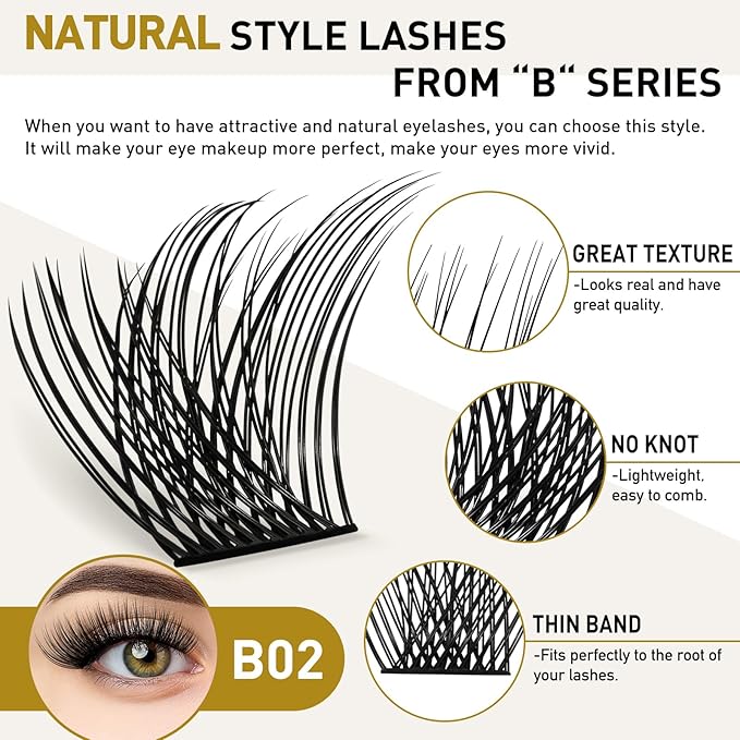 B&Q Volume Lash Clusters Wispy B02, Eyelash Clusters 72PCS Cluster Eyelash Extensions, D Curl Lash Cluster Natural Individual Lashes False Eyelashes Clusters with Soft Band(B02-D-8-16MIX)