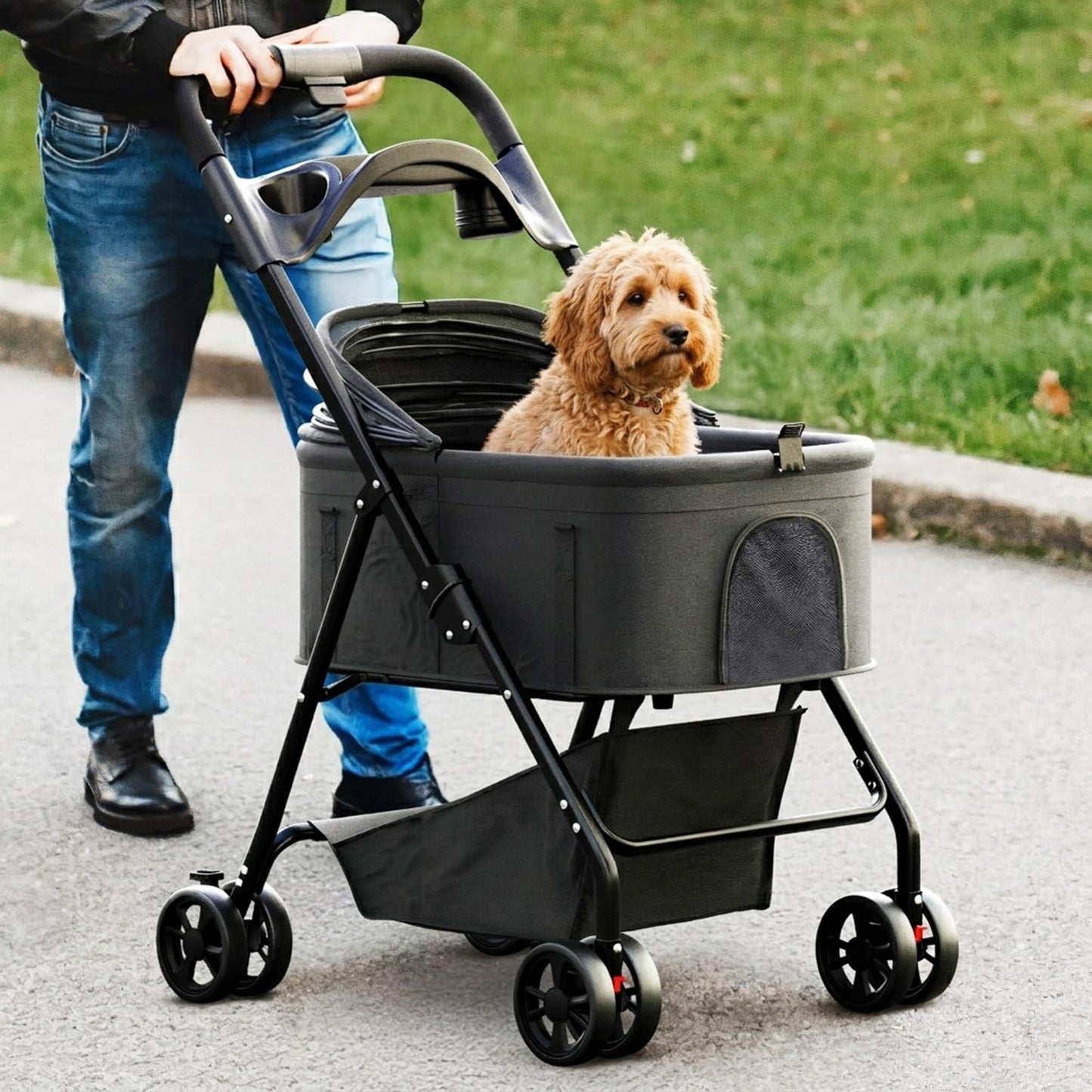 AdventEdge Pet Stroller 3 in 1 Foldable Dog Stroller, Cat Strollers, Foldable pet Strollers & Cat Carrier, Pet Carrier, Lightweight with Cup Holder, Waterproof & Breathable Mesh Canopy