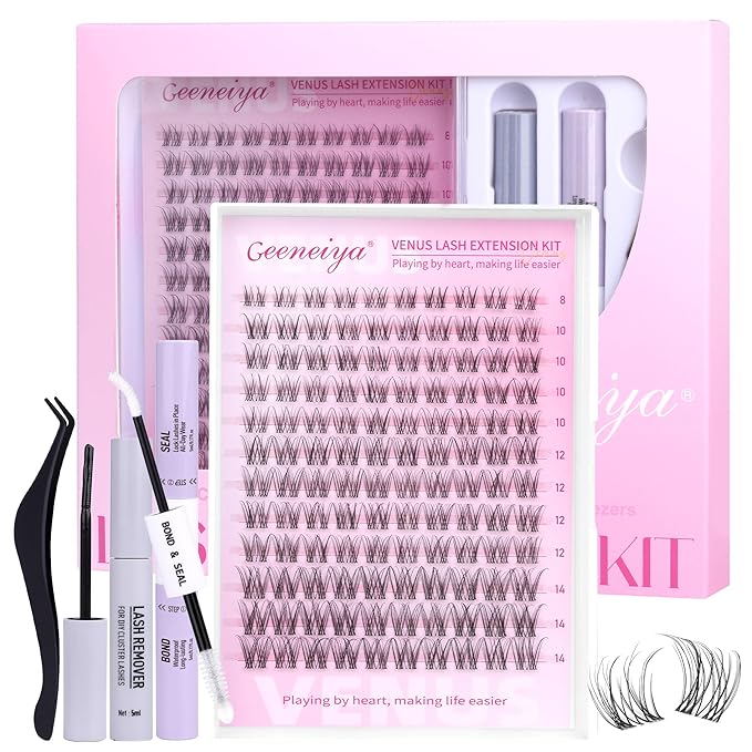 Geeneiya Venus Lashes Clusters Kit DIY Lash Extension, 8-14MM Invisible Lash Clusters, Soft Band Cluster Eyelash Extensions Kit with Waterproof Lash Bond and Seal, Lash Remover, Tweezers for Beginners