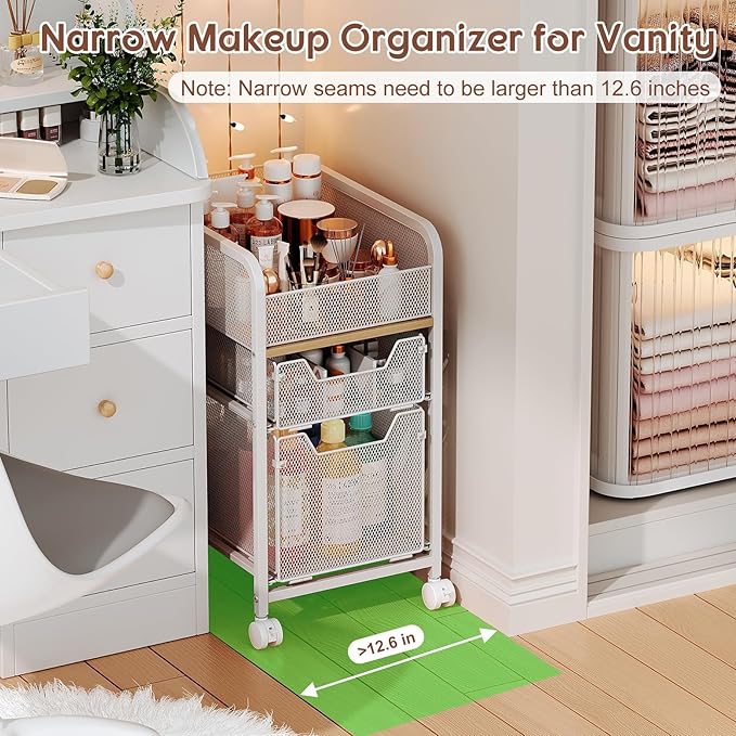 Hongtamoya Rolling Makeup Cart Organizer with 2 Drawers, Narrow Floor Skincare Organizers, Vanity Organizer Cosmetics Display Cases Holder for Skin Care Nail Polish Perfume Makeup Brush, White