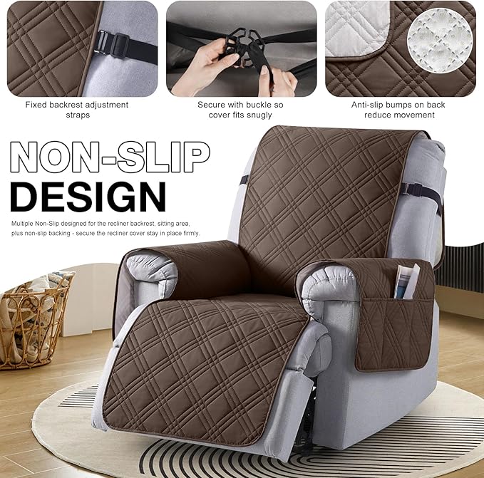 TAOCOCO 100% Waterproof Recliner Chair Cover, Non Slip Recliner Covers for Recliner Chair with Pocket, Washable Reclining Chair Cover Furniture Protector for Kids,Dogs(23.6'', Dark Brown)