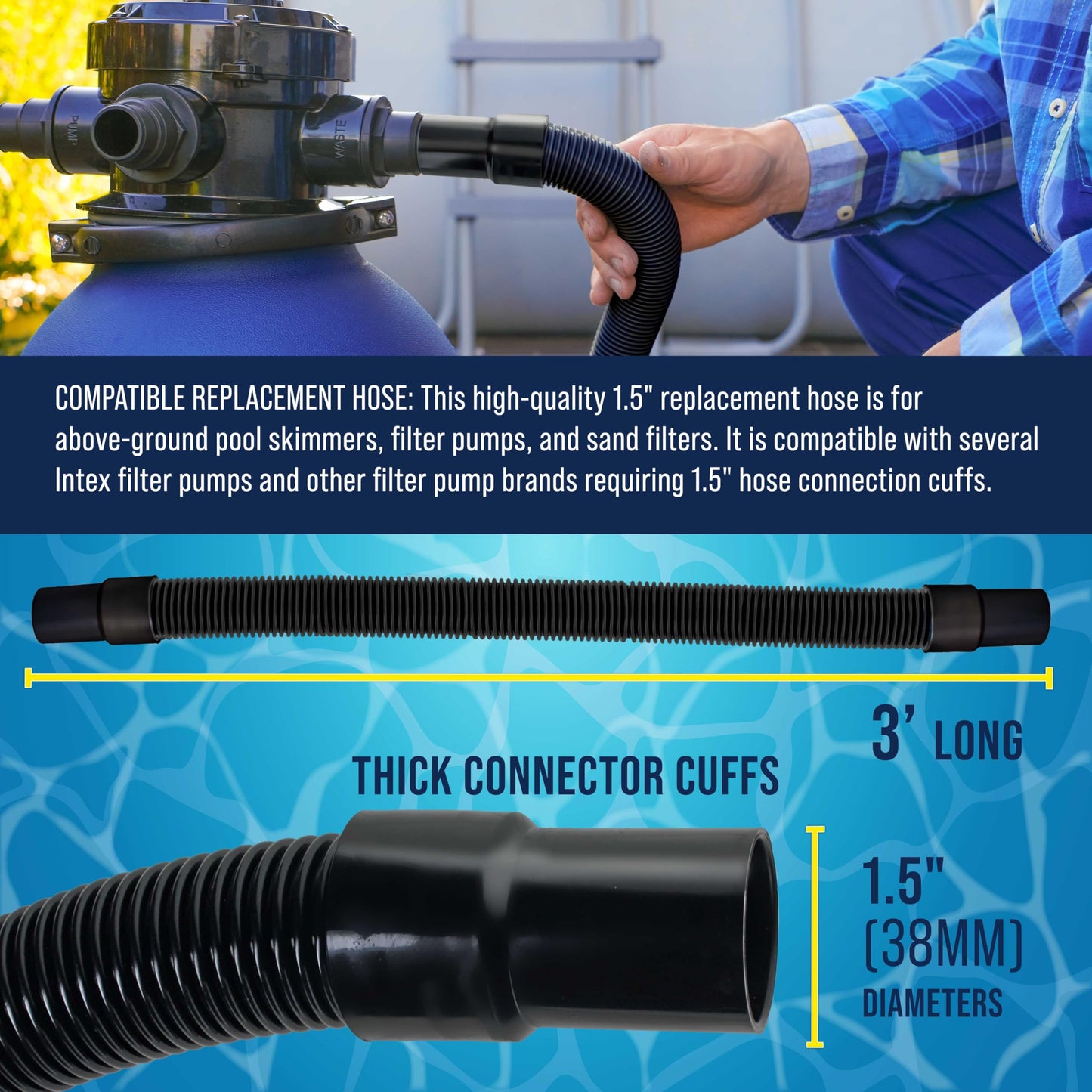 U.S. Pool Supply 3 Foot Heavy-Duty Above Ground Pool Hose, 1.5" - Black Replacement Filter Connecting Hose, Flexible Spiral Wound EVA - Compatible with Intex for Pool Filter Pumps - Skimmer Pump