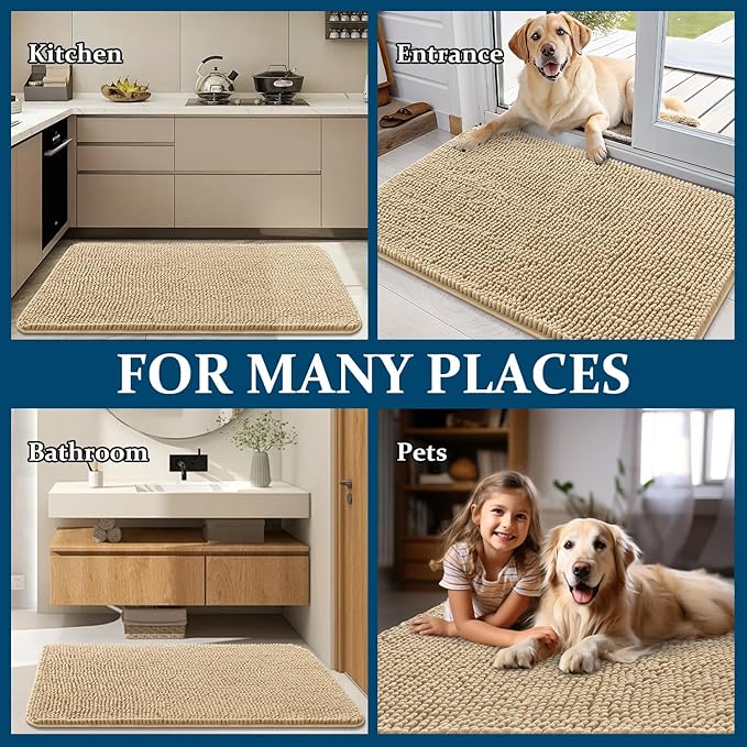 OLANLY Dog Door Mat for Muddy Paws 34x21, Absorbs Moisture and Dirt, Absorbent Non-Slip Washable Doormat, Quick Dry Chenille Mud Mat for Dogs, Entry Indoor Entryway Carpet for Inside Floor, Beige