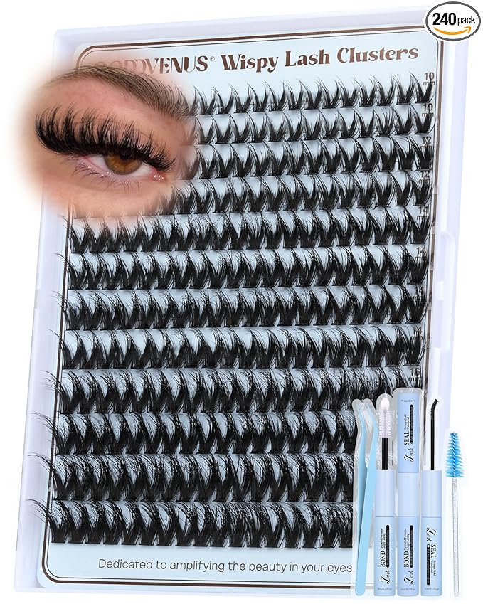 Goddvenus Fluffy Wispy Lash Clusters Kit Natural Eyelashes Clusters D Curl Cluster Eyelash Extensions Lightweight Individual Lashes DIY Eyelash Extension Kit with Waterproof Lash Cluster Glue