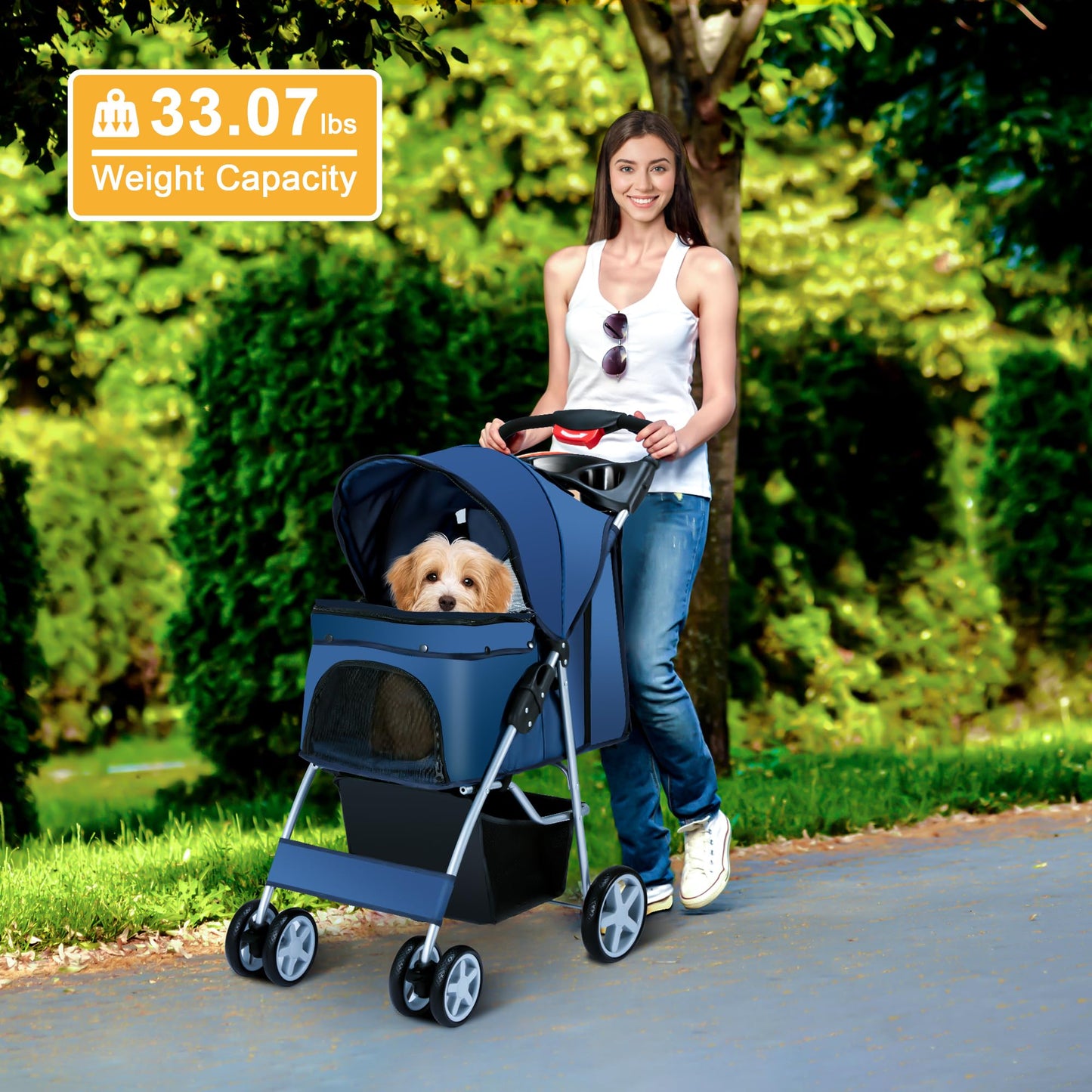 Azaeahom Pet Stroller, 4 Wheels Pet Strolling Cart for Medium/Small Dogs and Cats, Foldable Cat Jogger/Dog Stroller with Cup Holder, Storage Basket, Breathable Mesh, All-Season Pet Carrier, Navy Blue