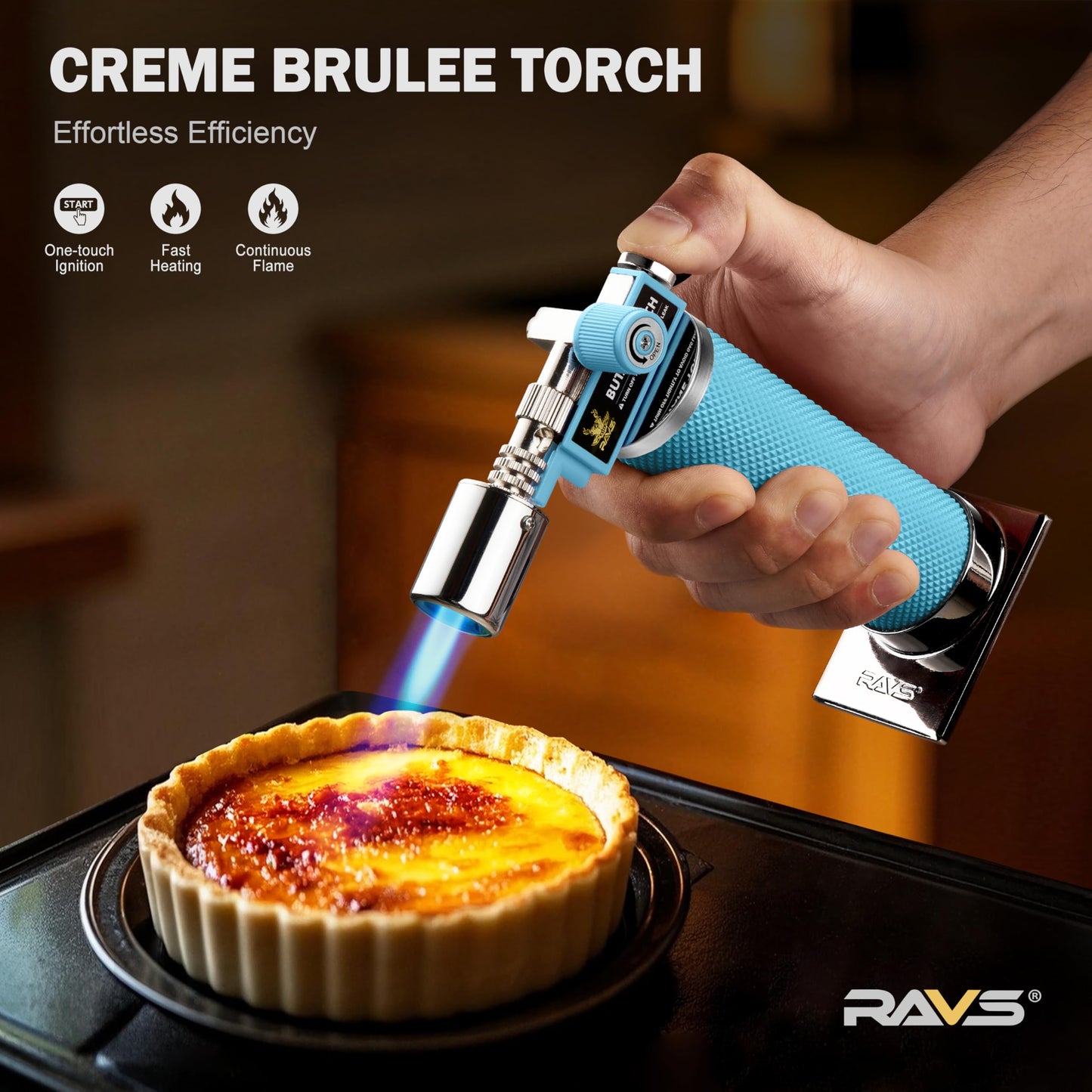 RAVS Butane Torch Lighter, Refillable Kitchen Torch with Safety Lock and Adjustable Flame, Creme Brulee Torch for Baking, BBQ, Blue Blow Torch for Cooking, Mens Gifts, Butane Gas Not Included