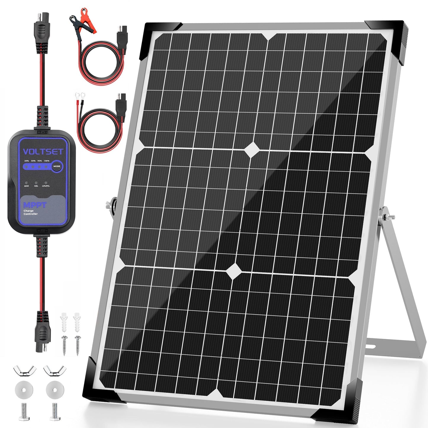 Voltset Solar Panel Kit 30W 12V with MPPT Controller, Solar Battery Trickle Charger Maintainer, Waterproof Solar Panel with Adjustable Mount Bracket for Boat RV Motorcycle Marine