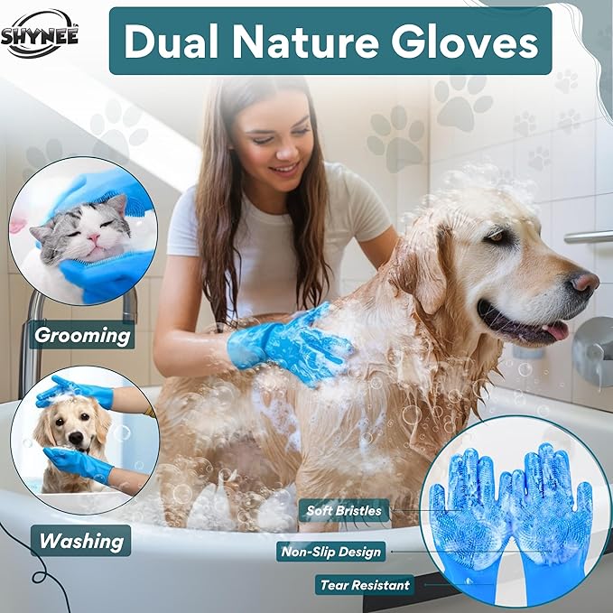 SHYNEE 8PCs Dog Grooming Kit - Dog Shampoo Brush | Washing Gloves | Adjustable Dog Bath Brush | Dog Paw Cleaner | 2X Toothbrush | Scrubber with Handle for Bath & Massage - A Complete Pet Grooming Kit