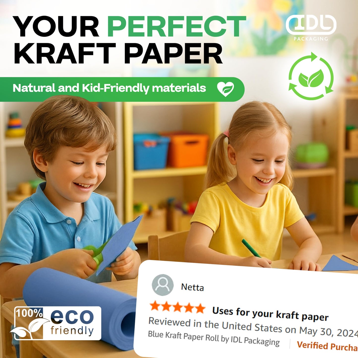 48" x 1200" (100 feet) Blue Kraft Paper Roll - USA-Made Quality Craft Paper for Gift Wrapping, Kids' Arts & Crafts, School Projects - 100% Recycled Natural Material 50lb Thickness by IDL Packaging