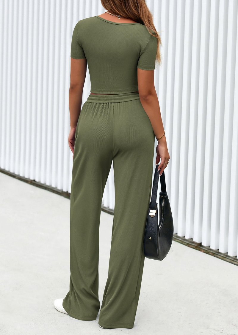 PRETTYGARDEN Womens 2 Piece Outfits Summer 2026 Ribbed Knit Button Short Sleeve Tops Casual Wide Leg Pants Lounge Sets