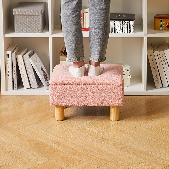 Aibiju Teddy Velvet Small Ottoman Foot Rest, Foot Stools with Storage Small, Upholstered Rectangle Wood Ottoman with Safety Hinge Flip Top, Bed Stool for Bedroom Dorm Teddy Pink YD-JD136P