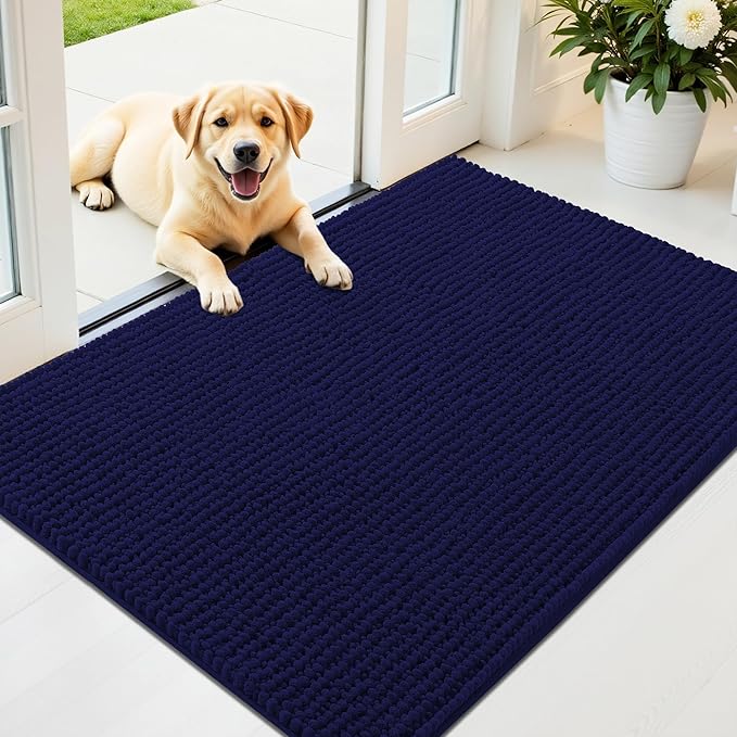 OLANLY Dog Door Mat for Muddy Paws 44x32, Ultra Absorbent Chenille Mud Doormat, Non-Slip Washable and Dirt Trapping Doormat for Indoor Entryway, Quick-Dry Indoor Pet Bed Mats for Dogs, Navy Blue