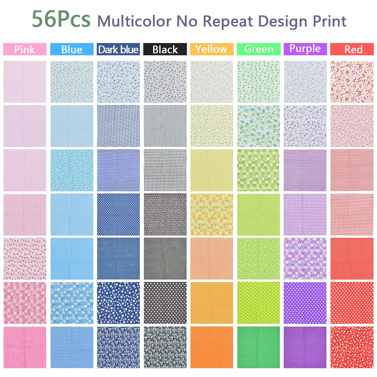 56Pcs 10"x10" Quilting Cotton Fabric Squares Sheets Pre-Cut Multi-Color No Repeat Design Printed Floral Craft Fabric for DIY Sewing Scrapbooking Quilting Craft Patchwork (56 Different Patterns)