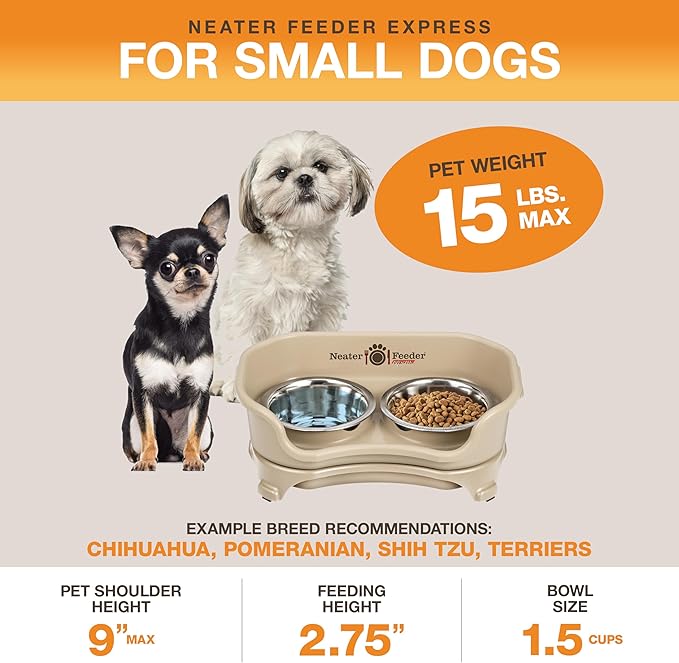Neater Feeder Express Mess Proof Dog Bowls Elevated for Small Breeds Under 15 Lb, Made in USA, No Spill Raised Dog Food Bowl Stand, Stainless Steel Food and Water Bowl Set, Feeding Station, Almond