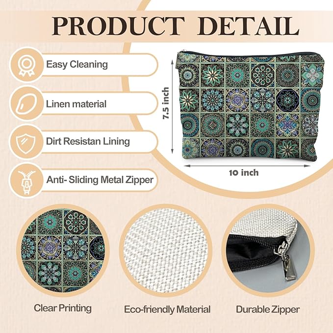 Vintage Boho Mandala Floral Makeup Bag, Ethnic Moroccan Mexican Talavera Tile Cosmetic Bags for Women, Mexican Gifts for Women, Traditional Green Block Print Zipper Makeup Pouch