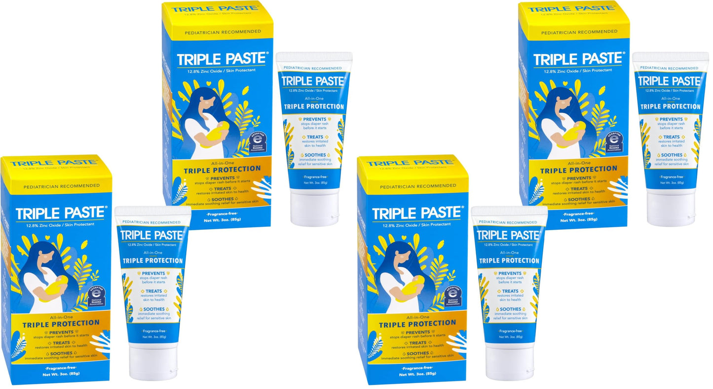 Triple Paste Diaper Rash Cream for Baby,3 Oz,Zinc Oxide Ointment Treats,Soothes & Prevents Diaper Rash,Pediatrician-Recommended & Hypoallergenic,Baby Essentials for Daily-& Overnight,(Pack of 4)