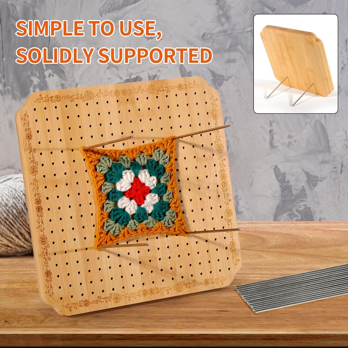 CraftyManor 10 in Blocking Boards for Crochet Projects with Rose Pattern, Crochet Blocking Board with Pegs, Granny Square Blocking Board with 20 Stainless Steel Pegs, Bamboo