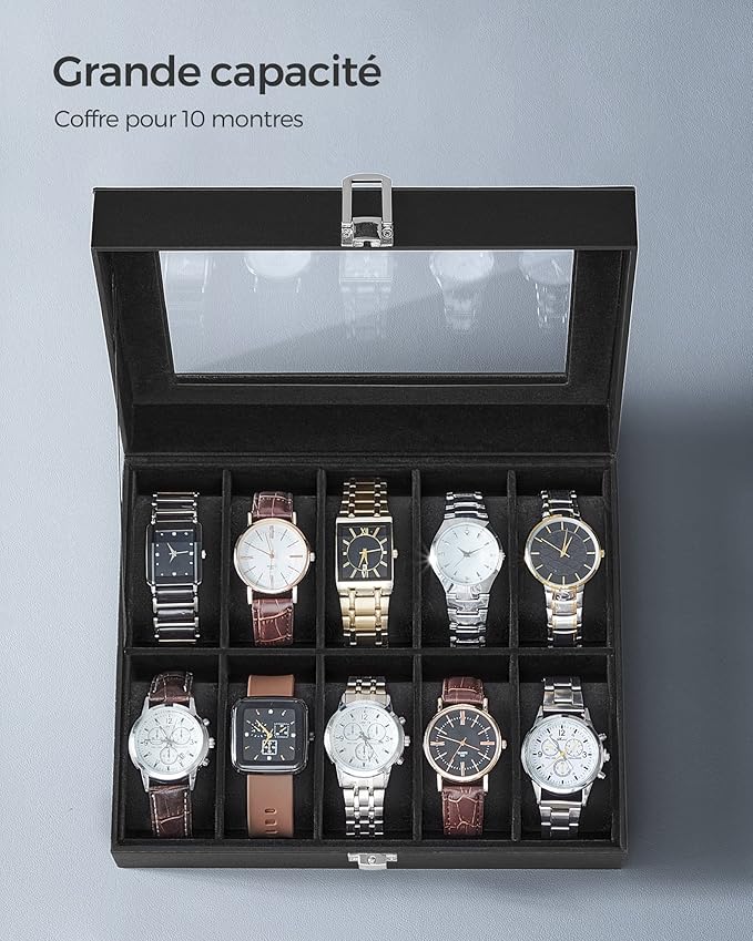 SONGMICS Watch Box, 10-Slot Watch Case Organizer with Large Glass Lid, Removable Pillows, Gift for Loved Ones, Black Synthetic Leather, Black Lining UJWB010B02