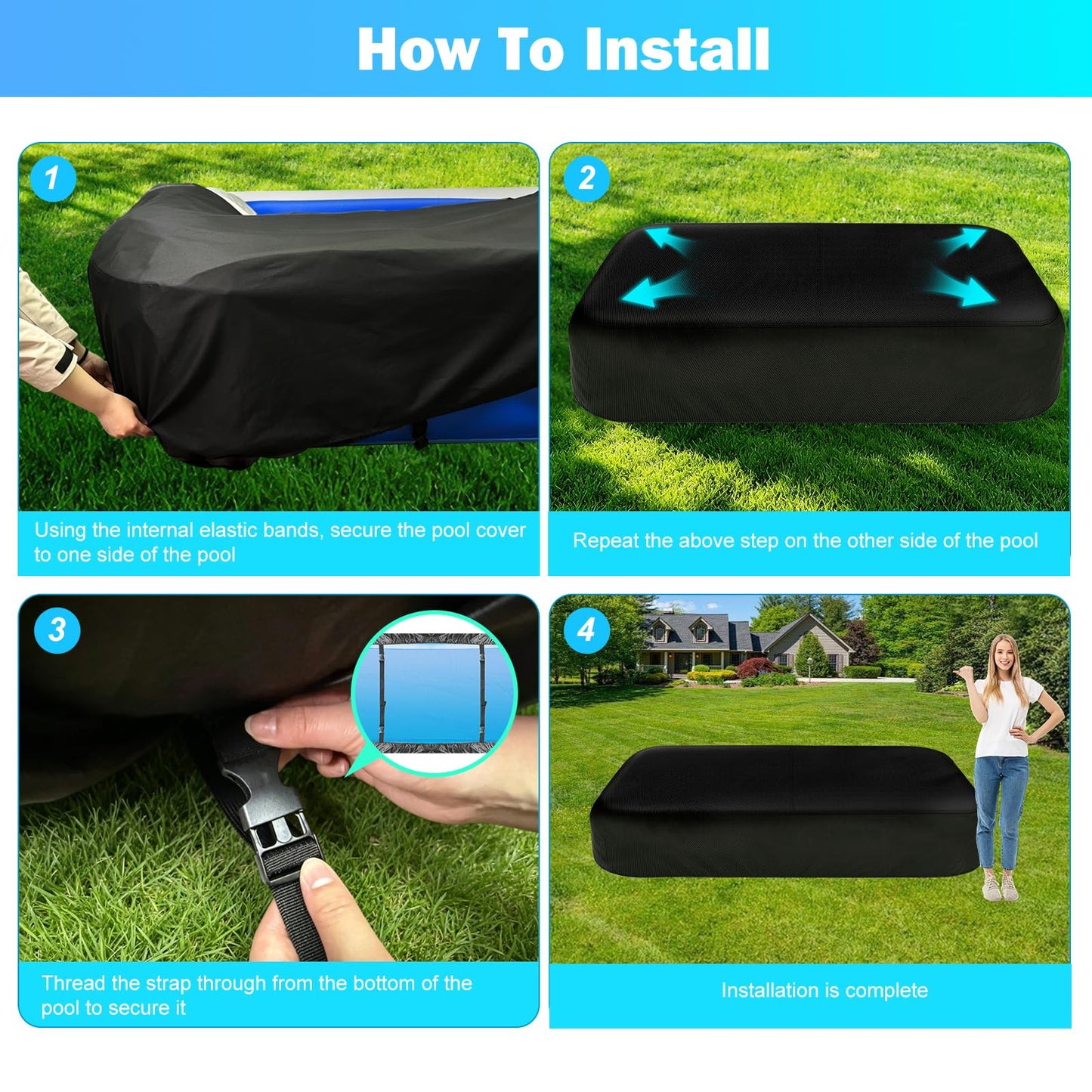 Rectangle Inflatable Pool Cover, Fits 120" L x 72" W Blow Up Pool Cover with Elastic Edge and 2 Buckle Straps, Thickened Waterproof Oxford Inflatable Pool Cover for Above Ground Pool 10'x 6'