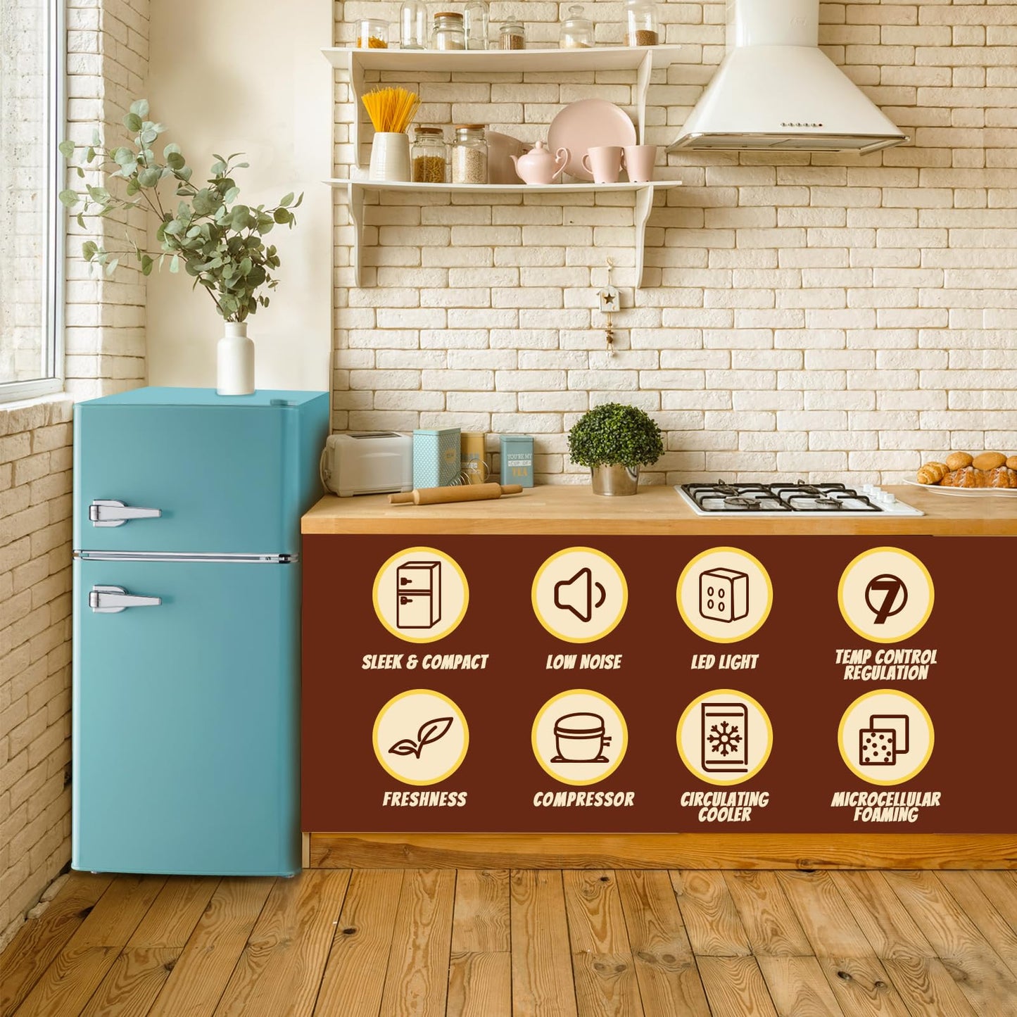 TACOOL Small Fridge with Freezer Mini Refrigerator Double door Removable Glass Shelves 7 Temp Gear Detachable Handle Blue