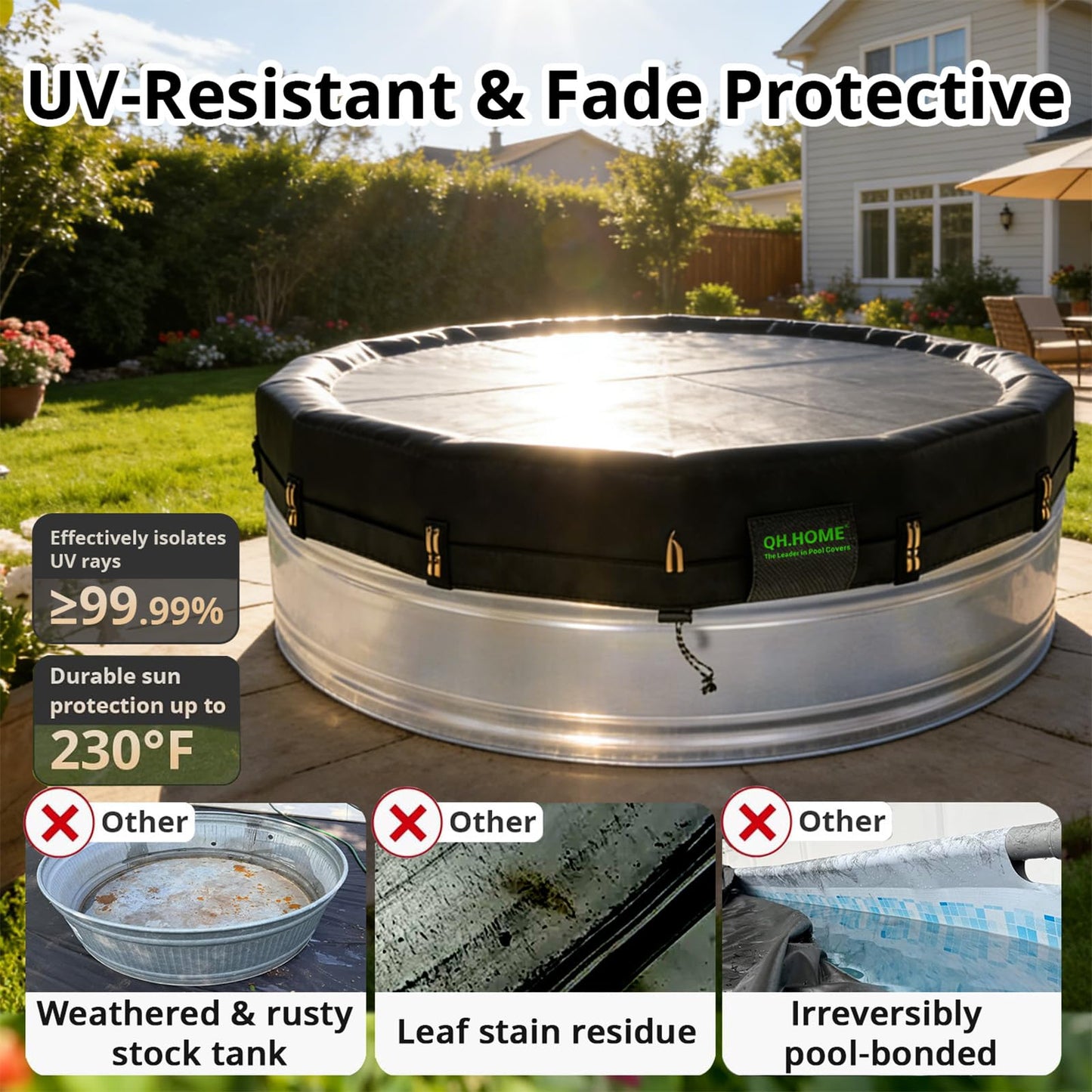 QH.HOME 550D 8Ft Round Stock Tank Pool Cover [Upgraded Tear Resistant & Threefold Windproor] wth Pre-Installed Patented Winch, Solar Cover for Above Ground Pool-Snug Fit & Waterproof Protection