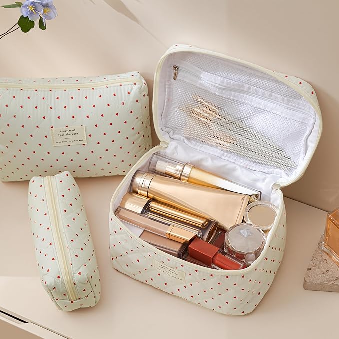 HBselect Quilted Makeup Bag, 3PCS Cotton Large Travel Makeup Bag, Cute Floral Coquette Make up Bag Cosmetic Bag Toiletry Bag for Women Girls