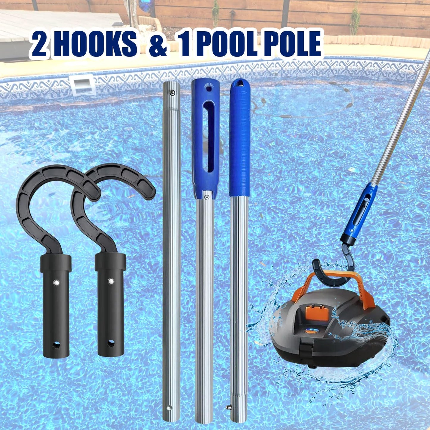 Hook for Robotic Pool Cleaner with Adjustable Aluminum Pool Pole, Accessories Hooks with 5.2 Feet Pole for All Pool Vacuum Robot Including Cordless,2PCS Hooks and 1 Pool Pole